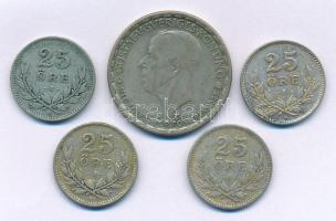 Svédország 1914-1941. 25ö Ag (4xklf) + 1949. 1K billon "V. Gusztáv" T:VF, patina
Sweden 1...