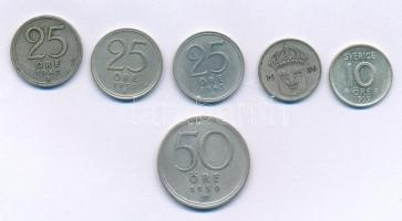 Svédország 1936-1959. 10ö Ag - 50ö billon (3xklf, 6db, mindegyik más évszám- vagy névérték) T:XF,VF, patina Sweden 1936-1959. 10 Öre Ag - 50 Öre billon (3xdiff, 6pcs, all with different date- or value) C:XF,VF, patina