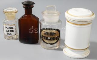 4 darab üveg és porcelán patikai tégely, pattogzással, m: 13 cm alatt