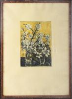 Scultéty Éva (1917-2001): Virágok. Színezett rézkarc, papír, jelzett, számozott 29x20 cm . Üvegezett fakeretben, lap alja foltos