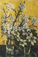 Scultéty Éva (1917-2001): Virágok. Színezett rézkarc, papír, jelzett, számozott 29x20 cm . Üvegezett...