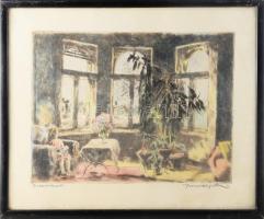 Imre István (1918 - 1983): Interieur (Kislány babával, háttérben a Hősök tere). Színezett rézkarc, karton, jelzett, 31,5×42 cm Üvegezett keretben