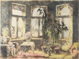 Imre István (1918 - 1983): Interieur (Kislány babával, háttérben a Hősök tere). Színezett rézkarc, k...