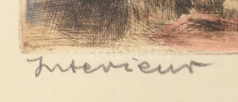 Imre István (1918 - 1983): Interieur (Kislány babával, háttérben a Hősök tere). Színezett rézkarc, k...