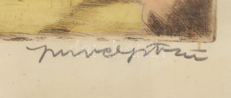 Imre István (1918 - 1983): Interieur (Kislány babával, háttérben a Hősök tere). Színezett rézkarc, k...