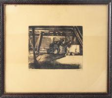 Kunt Ernő (1920-1994): Csilletolók 1955. Rézkarc, papír. Jelzett 17x21 cm Üvegezett keretben