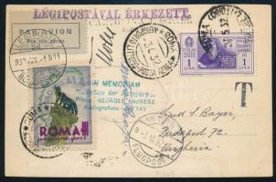 1932 Olasz légi lap Rómából Budapestre portóbélyegzéssel / Airmail postcard from Rome to Budapest with postage due