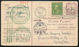 1931 Justice for Hungary légi képeslap az Egyesült Államokból Nyíregyházára, alkalmi bélyegzéssel / Airmail postcard, Hungarian-American ocean flight