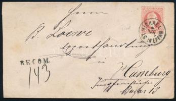 1875 5kr díjjegyes ajánlott boríték Hamburgba / Registered PS-cover to Hamburg