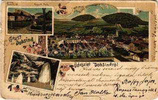 Dobsina, Dobschau; Kossuth tér, Jégbarlang, látkép. Arthur Köhler No. 1969. / Kossuth Platz, Eishöhle / square, ice cave, genearl view. Art Nouveau, floral, litho (szakadások / tears)