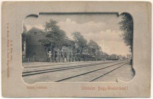 Nagyszalonta, Salonta; vasúti indóház, vasútállomás. Fábián L. Dezső kiadása / railway station (r)