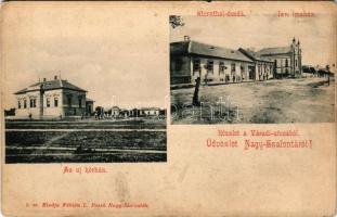 Nagyszalonta, Salonta; Az új kórház, részlet a Váradi utcából, Sternthal óvoda, Izraelita imaház, zsinagóga. Fábián L. Dezső kiadása / new hospital, street view with synagogue, kindergarten, nursery (r)