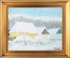 Pataki József (1928-1995): Téli táj. Olaj, farost. Jelzett. Hátoldalán a művész autográf aláírásával. Dekoratív fakeretben. 30,5x50 cm