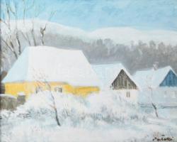 Pataki József (1928-1995): Téli táj. Olaj, farost. Jelzett. Hátoldalán a művész autográf aláírásával...