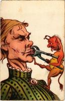 Krampus closing the mouth of a woman with pliers, humour art postcard. litho (EM)
