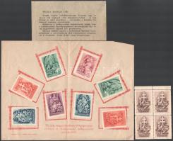 1942 Honvédkarácsony sor, 8 db klf segélybélyeg eredeti emléklapon, hozzá eredeti felhívással és egy négyestömbbel