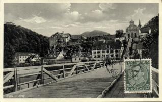 Celje wooden bridge and St Cecilia church