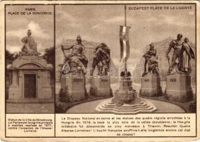 1935 Concorde tér Párizsban és a Szabadság tér Budapesten. Trianon irredenta szoborcsoport, Országzászló. Magyar Földrajzi Intézet rt. nyomása / Paris, Place de la Concorde - Budapest, Place de la Liberté; Hungarian irredenta propaganda, Trianon map on the backside (EB)