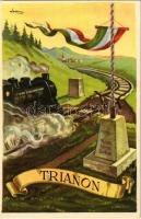 1938 Trianon, gőzmozdony. Kiadja az Ereklyés Országzászló Nagybizottsága / Hungarian irredenta propaganda, Hungarian flag, locomotive s: Lamoss + "1938 LOSONC VISSZATÉRT" So. Stpl (vágott / cut)