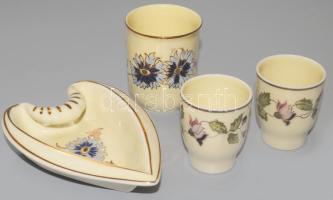 Zsolnay 3 darab virágmintás pohár + szív alakú búzavirág mintás tálka, jelzett, hibátlan.