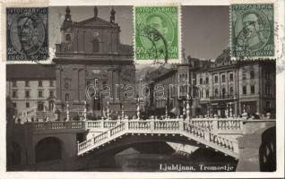 Ljubljana Tromostje with the Felix Urban department store and Café Preseren