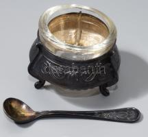 4 darabos ezüstözött fűszerkínáló szett, üvegbetétes, kanalakkal, m: 4 cm