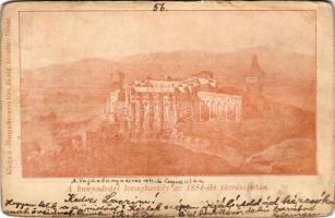 1900 Vajdahunyad, Hunedoara; A hunyadvári lovagkastély az 1854-iki tűzvész után. Kiadja a "Hunyad megyei tört. és rég. társulat" Déván / castle after the fire of 1854 (ázott / wet damage)