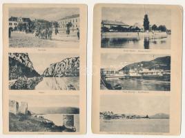 Orsova - 2 db RÉGI mozaiklap: hajóállomás, Duna, Skella tér, Kasan, Tricule / 2 db pre-1945 multi-view postcard: ship station, Danube, square