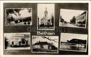Bethlen, Betlen, Beclean; mozaiklap 6 képpel: Hangya Szövetkezet, Gróf Bethlen Andrásné kastély, Szamos gát / cooperative shop, castle, dam (fl)