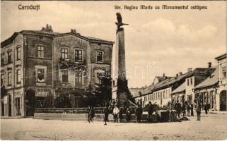 Chernivtsi, Czernowitz, Cernauti, Csernyivci; Str. Regina Maria cu Monumentul ostasesc / street and statue, shop of Josef Hildebrand