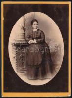 cca 1880 Elegáns hölgy portréja, porcelánkép utánzatú kabinetfotó Emile Carrez galaci (Galati, Románia) műterméből, kissé sérült, alja vágott, 15x11 cm / Cabinet card from the studio of Emile Carrez in Galati (Romania), slightly damaged, cut on the bottom