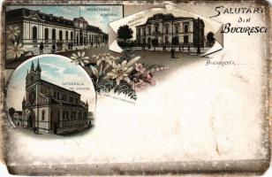 Bucharest, Bukarest, Bucuresti, Bucuresci; Monetaria Statului, Monitorul Oficial, Catedrala St. Joseph. Druck v. Louis Glaser / State Mint, Official Gazette. Art Nouveau, floral, litho (EM)