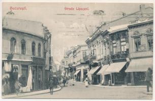 Bucharest, Bukarest, Bucuresti, Bucuresci; Strada Lipscani, A. Fantini, Manusa de Aur, La doi gemeni, Dulcamara / street, shops (EK)