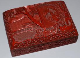 cca 1930, Faragott lakk díszítéses kínai réz ékszeres doboz, jó állapotban, 10x15,5 cm