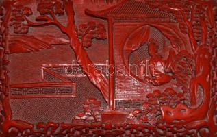 cca 1930, Faragott lakk díszítéses kínai réz ékszeres doboz, jó állapotban, 10x15,5 cm