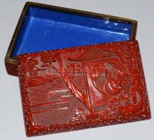 cca 1930, Faragott lakk díszítéses kínai réz ékszeres doboz, jó állapotban, 10x15,5 cm