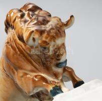 Zsolnay bika, kézzel festett, jelzett, (tervező:Sinkó András), hibátlan, m:15 cm, h:23 cm