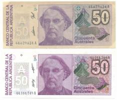 Argentína DN(1988-1989) 50A (fehér papíron) + DN(1989) 50A (barna papíron) T:AU, egyiken tárolásból adódó foltok a sarkon Argentina ND(1988-1989) 50 Australes (on white paper) + ND(1989) 50 Australes (on brown paper) C:AU, spot at the corners on one Krause P#326b.2, P#326b.3