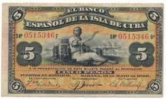 Kuba 1896. május 15. 5P perforált ívszéllel és piros "PLATA" felülbélyegzéssel a hátlapon, "0515346 F" T:F, szép papír Cuba 1896-May-15. 5 Pesos with perforated sheet edge and with red "PLATA" overprint on the reverse, "0515346 F" C:F, fine paper Krause P#48b