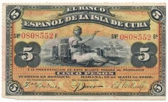 Kuba 1896. május 15. 5P piros "PLATA" felülbélyegzéssel a hátlapon, "0808552 F" T:F, szép papír, pici anyaghiány Cuba 1896-May-15. 5 Pesos with red "PLATA" overprint on the reverse, "0808552 F" C:F, fine paper, tiny missing material Krause P#48b