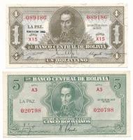 Bolívia 1928. 1B fekete "EMISION 1952" felülbélyegzéssel + 5B T:AU Bolivia 1928. 1 Boliviano with black "EMISION 1952" overprint + 5 Bolivianos C:AU Krause P#128c, P#129