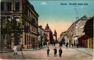 1915 Kassa, Kosice; Kossuth Lajos utca, Holzer reklámja / street, shops + "ZAGYVASZÁNTÓ POSTAI ÜGYN" (Rb)