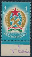 1949 Alkotmány (I.) 1Ft ívszéli vízjel nélküli bélyeg, vonalka a "T" szárán tévnyomattal (6.000)