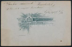 1907 Eger, babaportré, kabinetfotó Graf Rudolf egri műterméből, a hátoldalon ajándékozási sorokkal, ...
