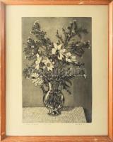 Gaál Domonkos (1940-2009): Őszi virágok. Rézkarc, papír, jelzett, számozott (60/100), üvegezett fakeretben, 39×26 cm