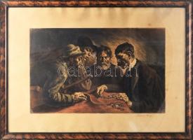 Révész Imre (1859-1945): Osztozkodók. Színezett rézkarc, papír, paszpartuban, jelzett, üvegezett fakeretben, lapszéli kisebb foltokkal, 31×49 cm