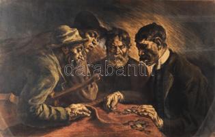 Révész Imre (1859-1945): Osztozkodók. Színezett rézkarc, papír, paszpartuban, jelzett, üvegezett fak...