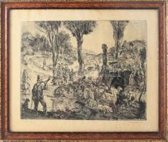 Szabó Vladimir (1905-1991): Falusi reggel. Rézkarc, papír, jelzett, apró felületi sérülésekkel, lapszéli ázásnyomokkal. 30×39 cm. Dekoratív, üvegezett fakeretben.