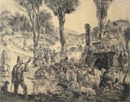 Szabó Vladimir (1905-1991): Falusi reggel. Rézkarc, papír, jelzett, apró felületi sérülésekkel, laps...