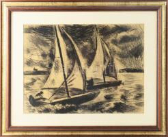 Iván Szilárd (1912-1988): Vitorlásverseny (Balaton). Rézkarc, papír, jelzett (paszpartu által takarva). 28,5×39 cm. Dekoratív, üvegezett fakeretben.
